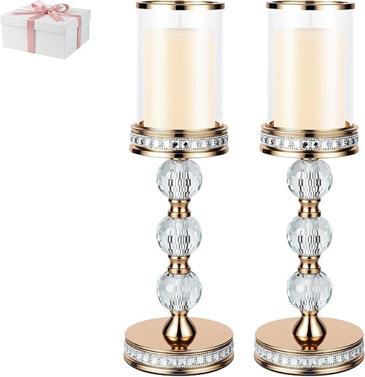 14.7" Tall Hurricane Candle Holder, Pillar Candle Holders with Glass Sleeve with Gift Box, Crystal Candle Stands for Home Warming, Weddiing, Dining Room Decor, Table Centerpiece (2, Gold, L)