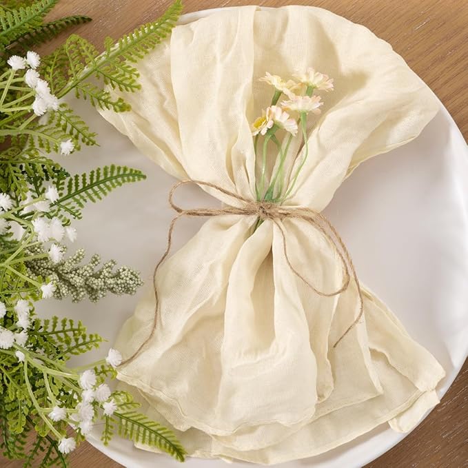 10pcs Beige Cheesecloth Napkins Mother‘s Day Spring Washable Boho Rustic Gauze Table Cloth Napkins Bulk 21x21 Inches for Wedding Party Bridal Baby Shower Birthday Table Decor