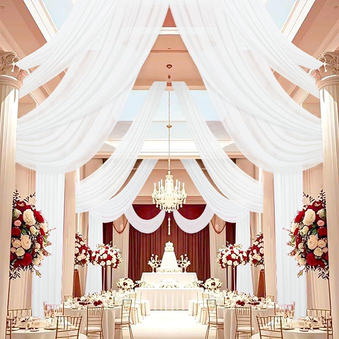 DUOBAO White Wedding Chiffon Ceiling 5x20FT Long Sheer Draping Fabric Photography Backdrops 4 Panels Soft Drapes Curtains for Weddings Arches Christmas Indoor Events