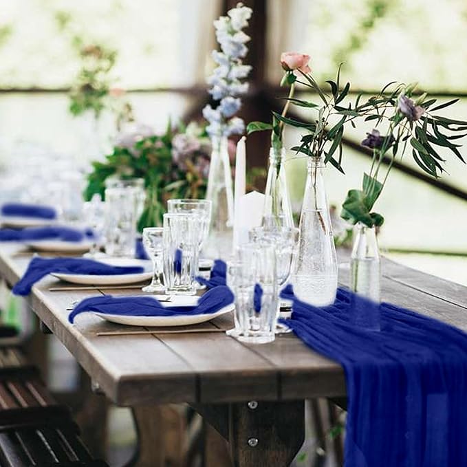 10 Pack Cheesecloth Table Runner 17 x 108 inch Long Boho Gauze Table Runners Semi Sheer Table Runner for Wedding Decor, Baby Shower, Birthday Party, Banquet (Royal Blue)