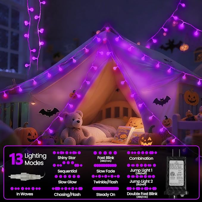 LORRYTE Connectable Purple Halloween Lights Outdoor Indoor - 43FT 100LED Globe String Lights Plug in with Timer, 13 Modes Fairy Light Waterproof for Party Halloween Decorations Bedroom Decor