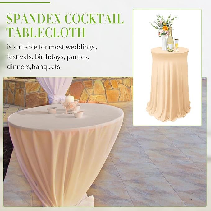 Tegeme 4 Packs Round Spandex Cocktail Tablecloths with Skirt 32 x 43 Inch Cocktail Round Table Cover Spandex Stretch Square Tablecloth Skirt for Table Bar Wedding Party Banquet (Champagne)