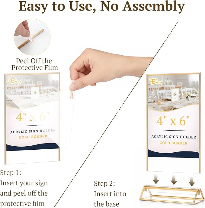 EHWINE 2 Pack Acrylic Sign Holder 4 x 6, Double Sided Gold Picture Frame Stand up Table Top Sign Holders, Clear Display Stand Menu Flyer Holder for Wedding Party