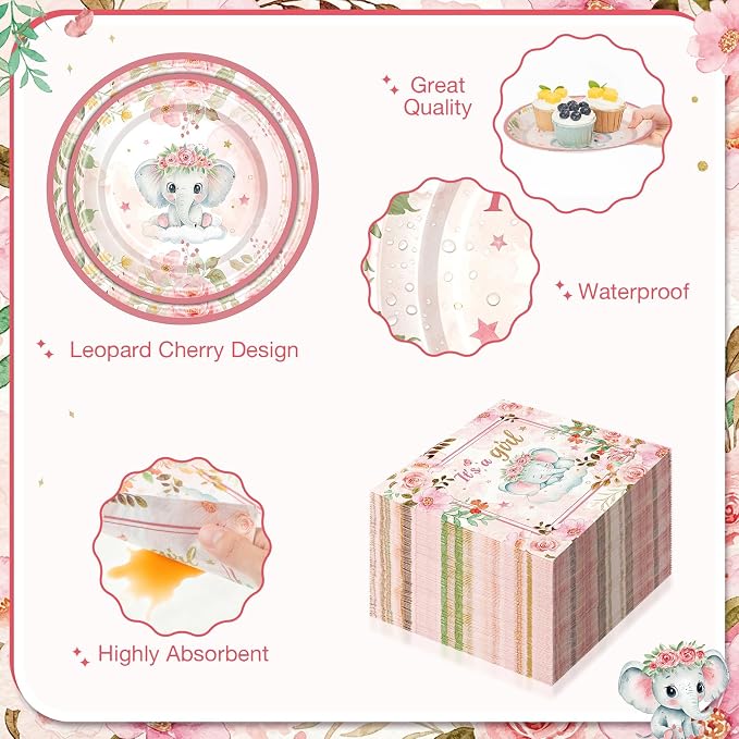 Ziliny 350 Pcs Elephant Themed Baby Shower Party Supplies Rainbow Paper Plates Napkins Cups and Plastic Cutlery Party Tableware Set for Baby Shower Birthday Decorations, Serves 50