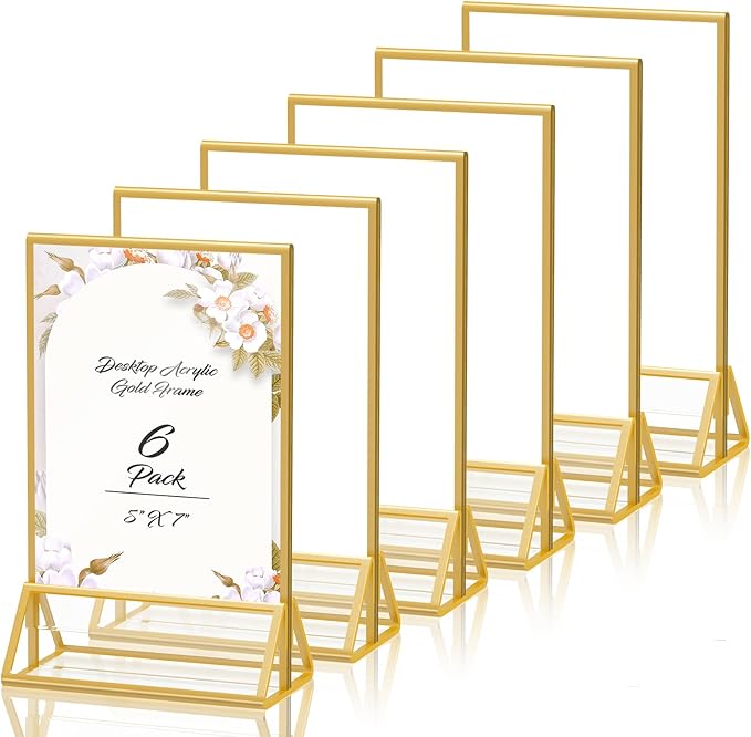 PPH-Sisy 5X7 Gold Frames Double Sided Acrylic Sign Holder Tabletop Picture Frames Vertical Display Stand for Shop School Home,Set of 6