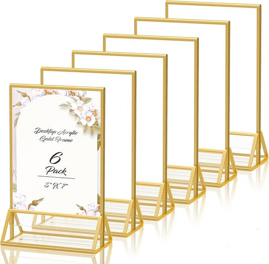 PPH-Sisy 5X7 Gold Frames Double Sided Acrylic Sign Holder Tabletop Picture Frames Vertical Display Stand for Shop School Home,Set of 6