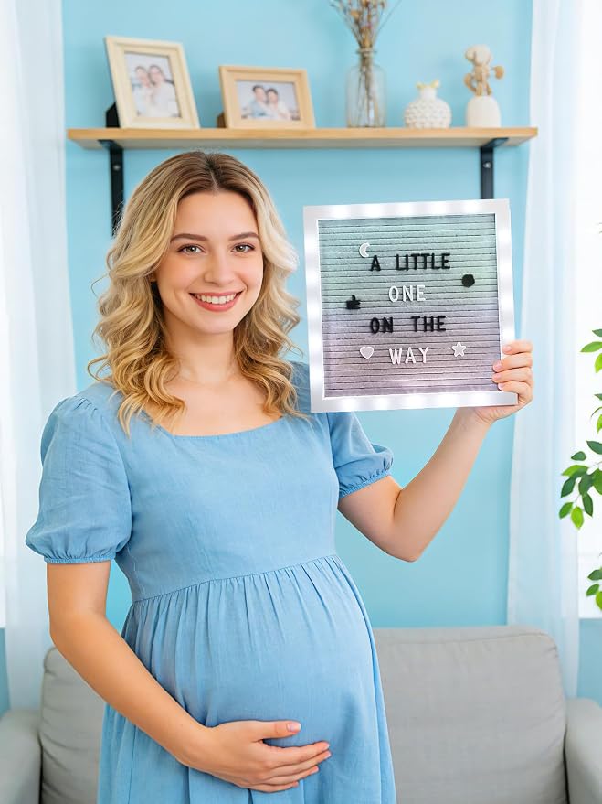 Changeable Felt Letter Board with LED Lights - 10×10" Message Custom Signs & Wood Stand & 450 Letters, Poster Board for Baby/Pregnancy Announcement/Classroom Decor Gifts First Day of School, Gradient