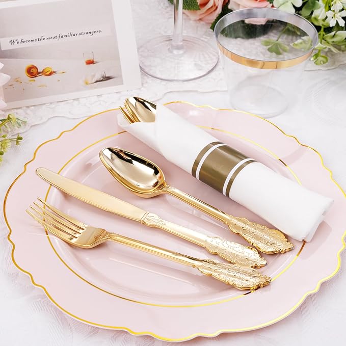 Liacere 175PCS Pink Plates Disposable - Pink and Gold Plates 25guest Baroque Plastic Dinnerware include 150Plates, 25Pack Pre Rolled Napkins with Silverware 25Cups Perfect for Wedding &Mothers Day