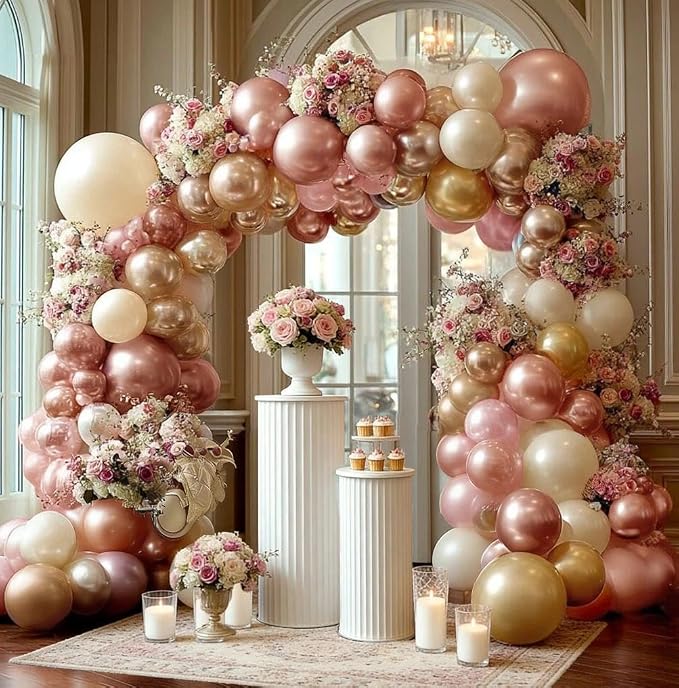 Rose Gold Balloon Garland 112pcs Double Stuffed Pearl Pink Balloons Different Sizes of 18 12 5 Inch Metallic Gold Champagne Balloon Arch Kit for Birthday Baby Shower Bridal Wedding Party Decor