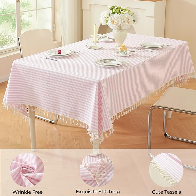 meioro Striped Rectangle Tablecloth, Cotton Blend Fabric Pink Table Cloth with Tassel, Washable Wrinkle Free Table Cover Boho Picnic Tablecloths for Valentines Day Kitchen Dining - 60 x 120 Inch