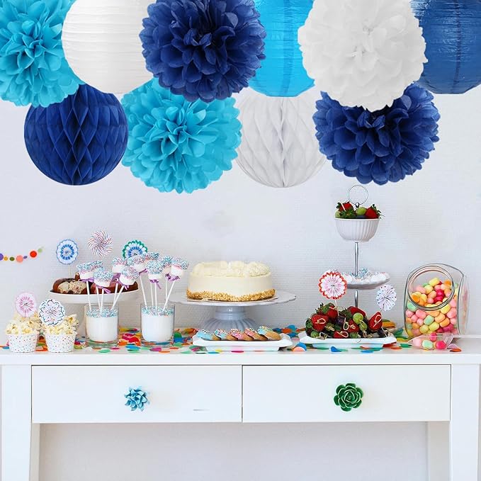 Blue Paper Flowers Tissue Pom Poms Honeycomb Lanterns 15pcs Light Royal Navy Party Decorations Boy Birthday Ocean Wedding Baby Bridal Shower Bachelorette Graduation Hanging Supplies Mprocherify