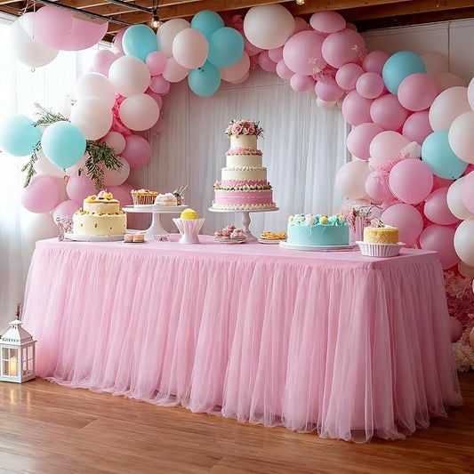1-Pack Pink 2-in-1 Tulle Tablecloth for 6-Foot Rectangular Table – Stretch Fitted Table Skirt & Cover for Baby Shower, Bridal, Birthday, Princess Party