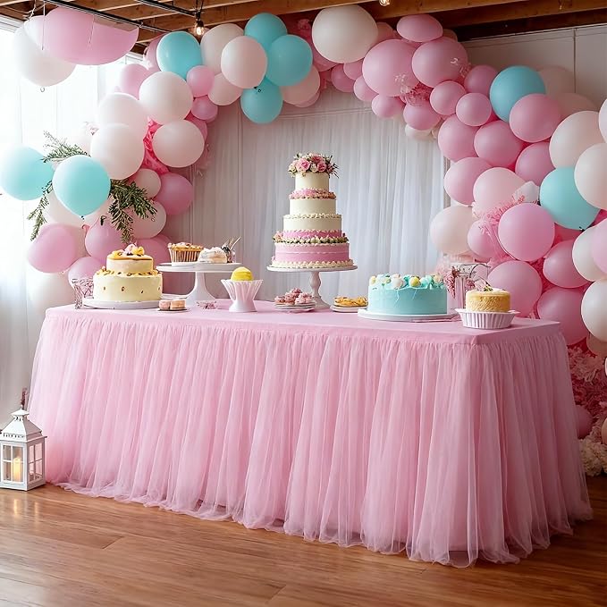 1-Pack Pink 2-in-1 Tulle Tablecloth for 8-Foot Rectangular Table – Stretch Fitted Table Skirt & Cover for Baby Shower, Bridal, Birthday, Princess Party