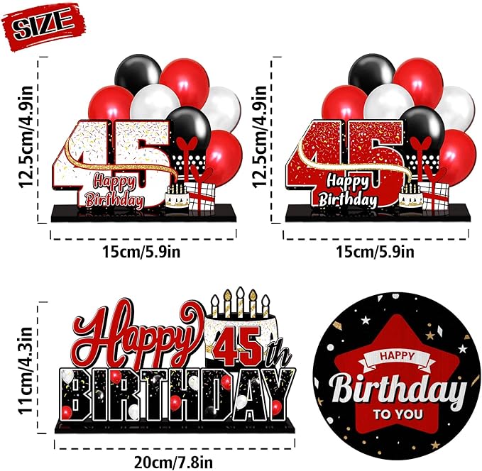 LINGTEER Happy 45th Birthday Red Acrylic Table Topper Centerpieces Set - Cheers to 45 Years Old Birthday 45th Bday Party Gift Decorations.