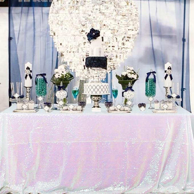 B-COOL White Iridescent Sequin Tablecloth Mermaid Table Cloth Overlays Rectangle Sequins Table Linen Seamless Rectangle Tablecloth for Wedding Parties Birthday 60x102inch