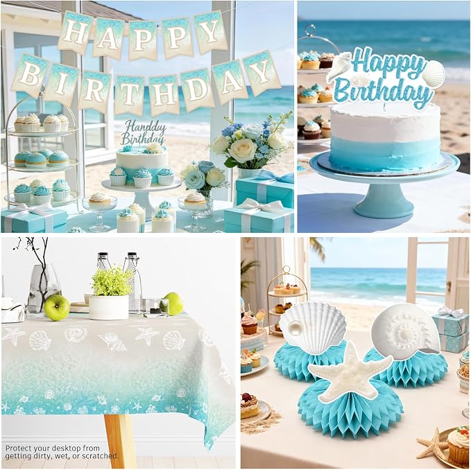 cocomigo 299pcs Beach Birthday Party Decorations Serves 25 Guests, Worry-free One-stop Set, with Balloons Arch, Banner Thick Plates and Cupcake Toppers, Easy Setup for Ocean-Themed Party