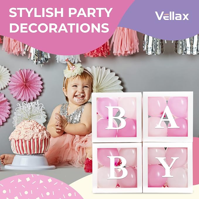 44-Piece Baby Shower Decorations for Boy or Girl - 4 Boxes with Letters and 32 Balloons - Classic White and Pink - Gender Reveal Party Supplies - Photo Shoot Backdrop Prop