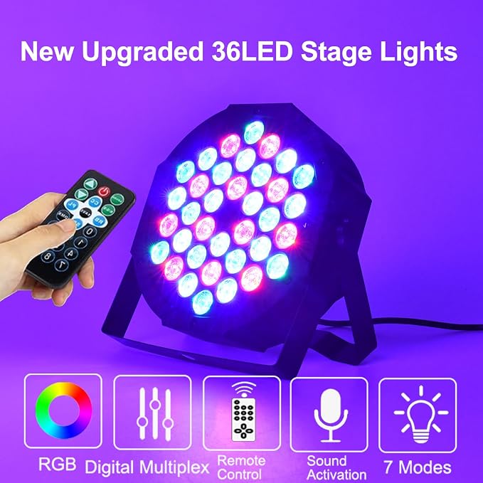 Stage Lights DJ Lights 36LED Par Lights - 4 Pack RGB Party Lights Uplights with Sound Activated Remote Control Stage Lighting for Disco Wedding Club Ba Christmas Party Lighting Outdoor