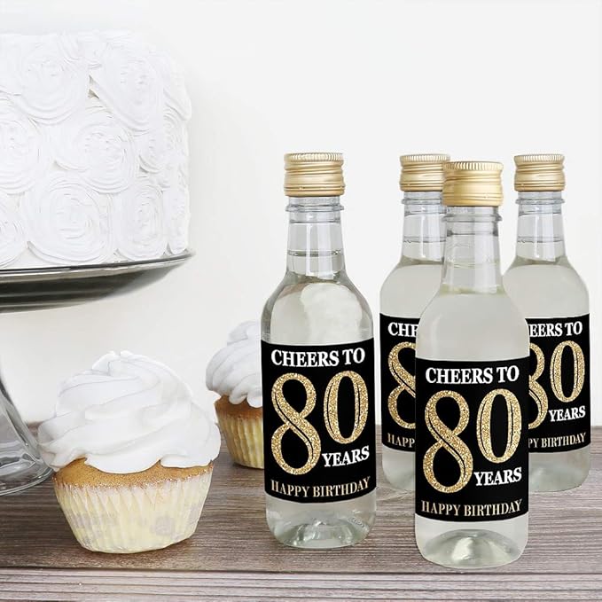 Big Dot of Happiness Adult 80th Birthday - Gold - Mini Wine and Champagne Bottle Label Stickers - Birthday Party Favor Gift for Women and Men - Set of 16