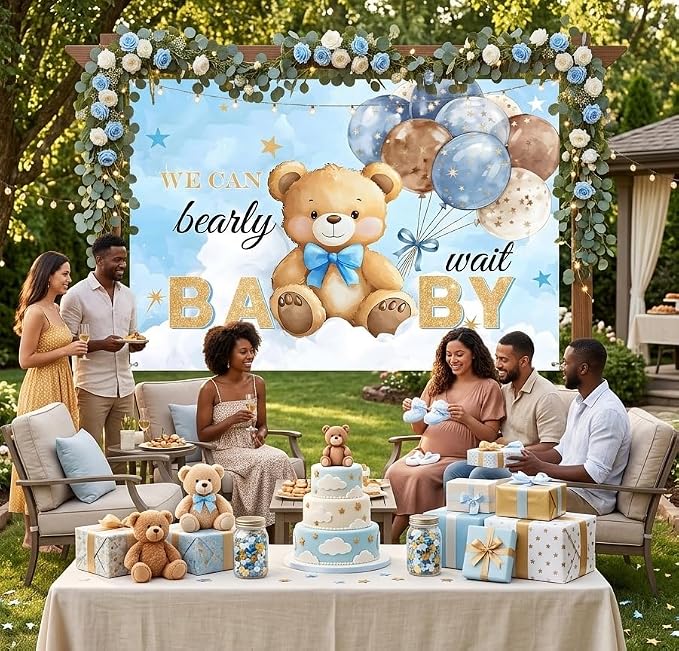 Bear Baby Shower Backdrop 7x5FT, We Can Bearly Wait Party Banner, Watercolor Sky Blue Balloons Bear Theme Background, Baby Shower Decoration for Newborn Photo Props Props