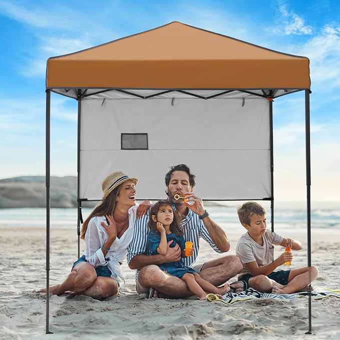 6x4 Pop Up Canopy Tent with Half Wall Panel, Instant Portable Beach Canopy, Outdoor Tent with Carry Bag for Camping, Sports, Tailgating, Events, Khaki