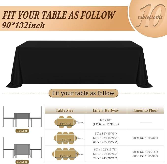 Pesonlook 10Pack Black Tablecloths 90 x 132 Inch, Rectangle Tablecloth for 8ft Table, Tables Polyester Table Cover Washable Cloth Wedding Reception Banquet Party