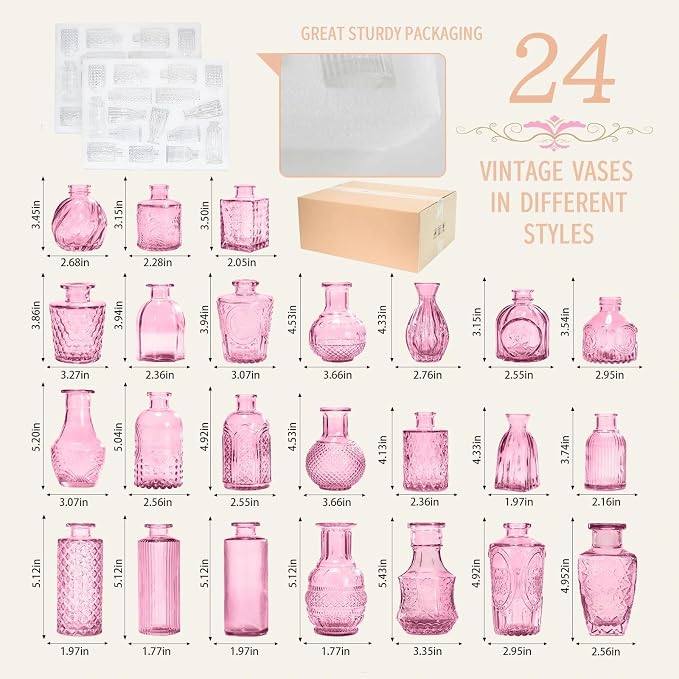 24PCS Mini Bud Vases As Wedding Centerpieces for Tables,Clear Bud Vases for Flowers,Small Flower Vases Suitable for Birthday Party,Anniversary,Wedding Reception,Baby Shower (Pink, 24PCS)