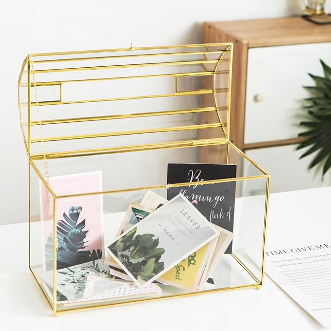 Wedding Card Box with Slot, 12.2'' Large Glass Card Boxes for Reception, Gold Cards Holder, Clear Decorative Storage Box with Lock for Baby Shower, Birthday Party, Christmas, Bridal Shower