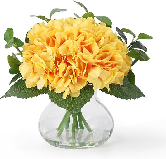 Hydrangea Artificial Flowers in Vase, Silk Faux Hydrangea Arrangements with Glass Vase and Faux Water for Home Decor Wedding Bouquets Table Centerpieces, Yellow, Set of 7