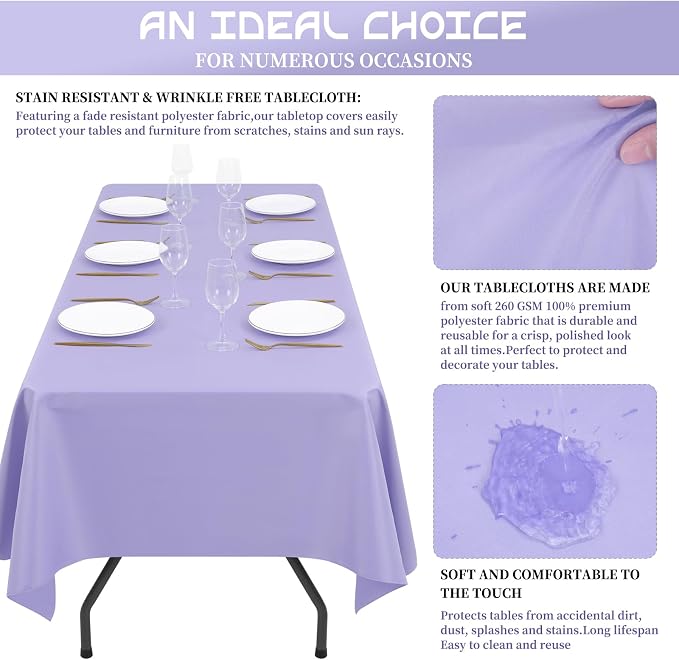 Showgeous 4 Pack Lavender Rectangle Tablecloth 60 x 102 Inch, Wrinkle Resistant Washable Polyester Table Cover for Wedding Dining Table Buffet Parties and Camping