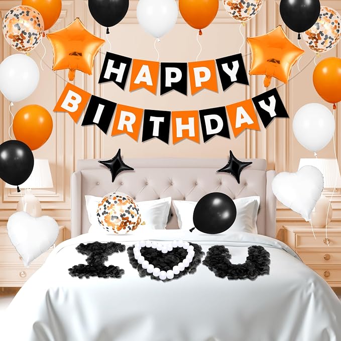 Orange Birthday Balloons Decorations Orange Black and White Halloween Birthday Balloon Letters Banner with 6Pcs Star Balloons Artificial Rose Petal 24 Flameless LED Candles for Halloween Bday Decor