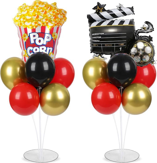 Movie Night Party Balloons Stand Kit 2 Sets with 2 Popcorn Clapboard Foil Balloons Black Red Gold Party Balloon Centerpiece for Tables for Birthday Camera Film Movie Party Decoration