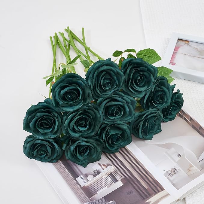 50pcs Emerald Green Roses Artificial Flowers Bulk,Fake Roses Silk Flower with Stems Realistic Flowers for Wedding Centerpiece Home Party Decor