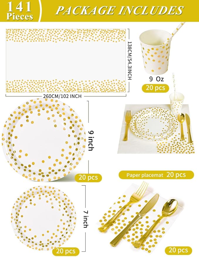 Nkaiso 141 Pieces White Gold Party Supplies, Disposable Party Decorations Sets Include Paper Plates Napkins Cups, Plastic Forks Knives Spoons, for Baby Shower Birthday Wedding -20 Guests