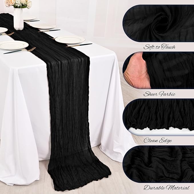 24 Pack Black Cheesecloth Table Runner 10FT Boho Gauze Cheese Cloth Table Runner Rustic Sheer Fabric Table Runners for Wedding Bridal Shower Baby Shower Party(21.5×120 Inch)