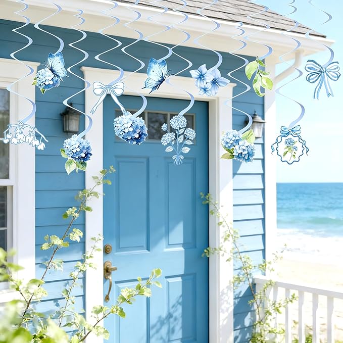 Blue Party Decorations, Blue Hydrangea Flower & Bow Themed Party Decorations, with 3 Pre-strung Flower Banners and 20 Hanging Swirls for Women Girl Birthday, Baby Showers, Bridal Showers, Birthdays, Tea Parties