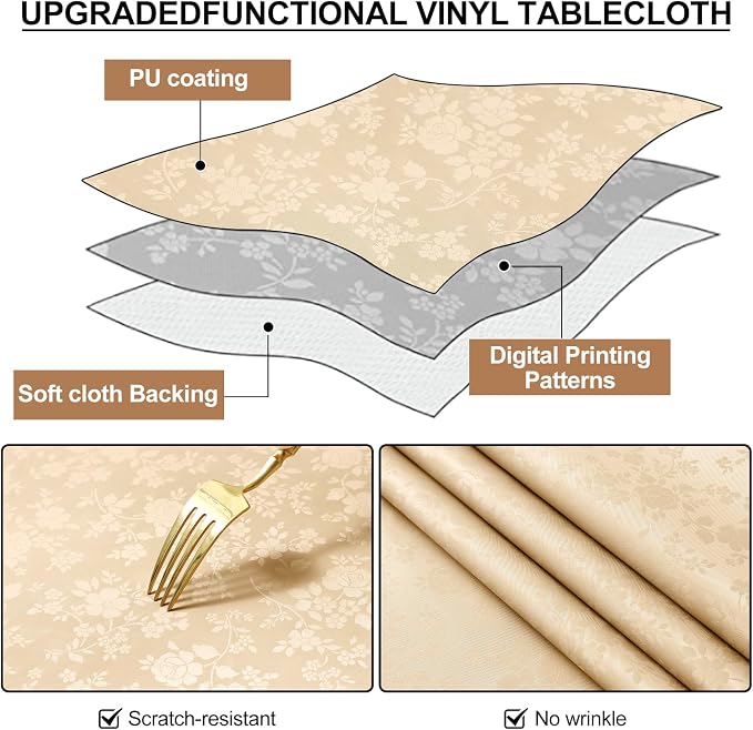 Smiry Round Table Cloth, Waterproof Heavy Duty Vinyl Tablecloths, Wipeable Washable Table Cover for Kitchen and Dining Room (Champagne, 70" Round)