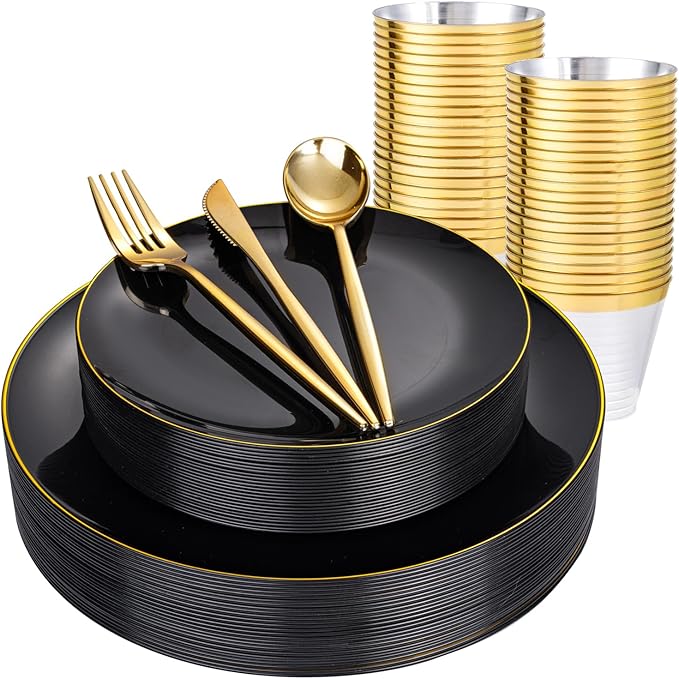 bUCLA 150PCS Black and Gold Plastic Plates - Black Gold Plastic Dinnerware Set Disposable - Include 25 Dinner / 25 Dessert Plates, 25 Knives, 25 Forks, 25 Spoons, 25 Cups, Ideal for Party & Graduation