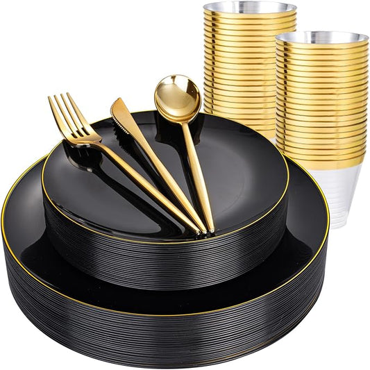 bUCLA 150PCS Black and Gold Plastic Plates - Black Gold Plastic Dinnerware Set Disposable - Include 25 Dinner / 25 Dessert Plates, 25 Knives, 25 Forks, 25 Spoons, 25 Cups, Ideal for Party & Graduation