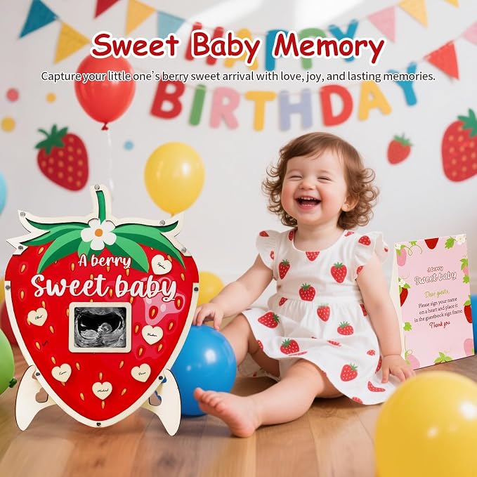 Strawberry Baby Shower Decorations,Berry Sweet Baby Shower Guest Book Alternatives with Strawberry Pen,Photo Frame and 60 Heart Wood Slices for 60 Guests,Gender Reveal Decorations
