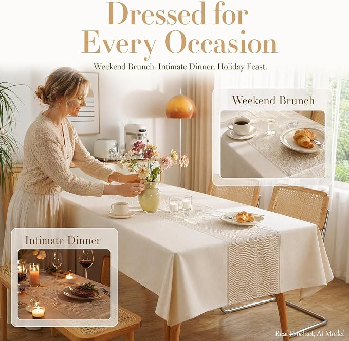 Nordic Faux Linen Tablecloth, Rectangle Modern Cream Beige Cover | Stain Resistant & Spillproof Minimalist Solid Table Cloth for Kitchen Dining Room Dinner Decor