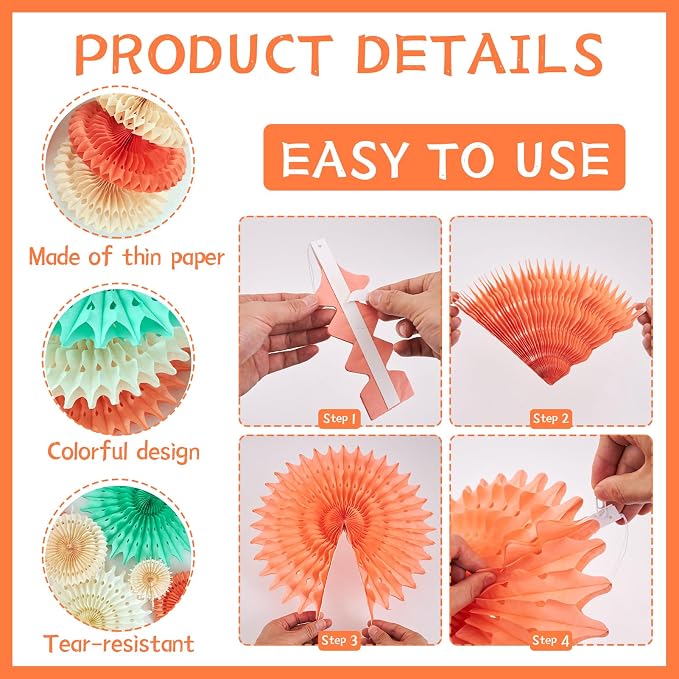 SUNBEAUTY Pack of 11 Hanging Honeycomb Paper Fans Party Decoration Paper Decoration for Birthday Wedding Graduation Events Accessories Mint Peach Cream