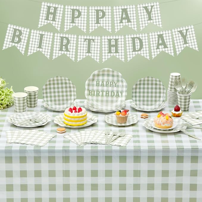 LemonRoad 128 Pcs Sage Green and White Birthday Party Decoration Women for 25 Guests, Gingham Checkered Green Birthday Paper Plates Napkins Cups Tablecloth Forks Banner for Birthdays Party Supplies