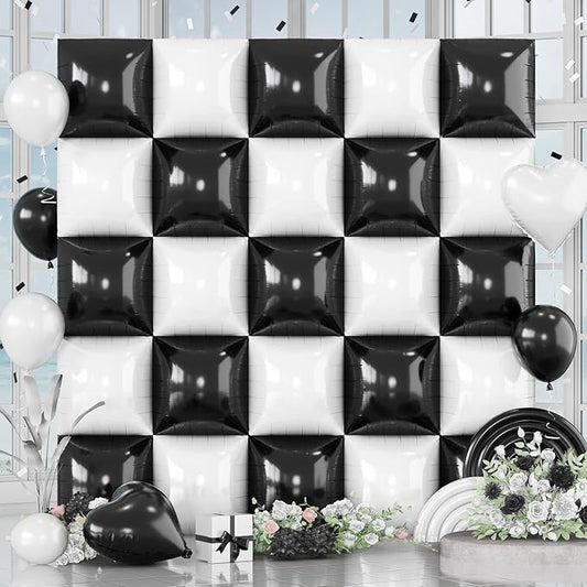Black and White Square Foil Balloons Wall, 25PCS Double Sided Pearl White and Metallic Black Checkered Square Balloon Backdrop Wall Party Decorations for Racing Car Disco Birthdays New Year Background