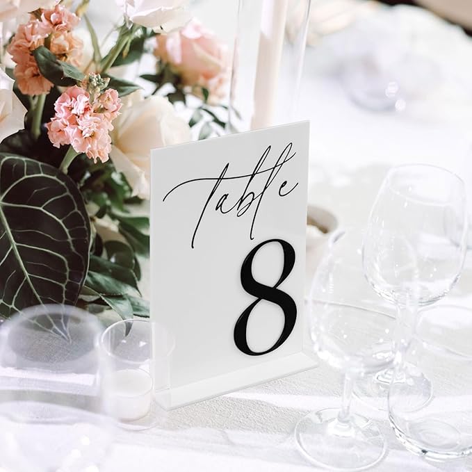 Acrylic Wedding Table Numbers 1-10 with Stands, 5"x7" White Acrylic Place Cards with 3D Black Numbers, White and Black 3D Table Numbers for Wedding Reception, Anniversary, Event