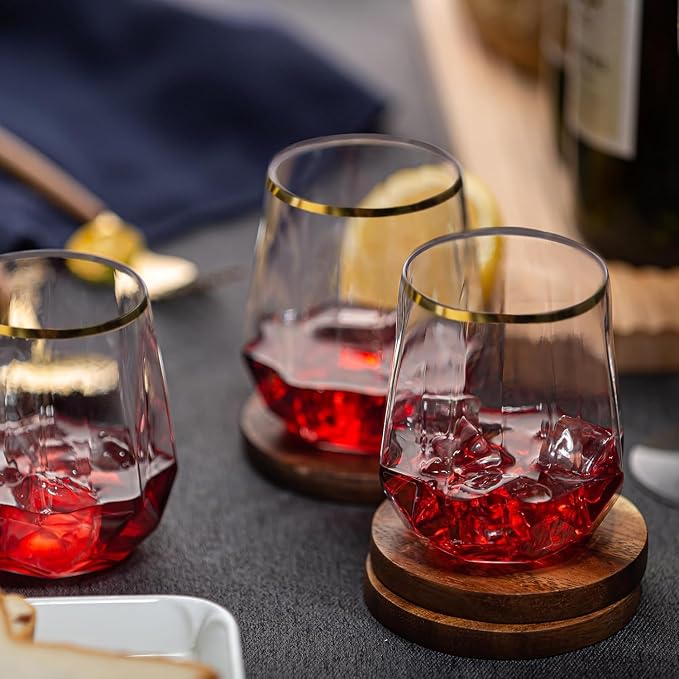 Oojami 40 Pack Disposable Plastic Wine Glasses 12oz Gold Rim - Diamond Stemless Cups for Champagne Whiskey Cocktail Unbreakable Shatterproof BPA-Free Reusable Recyclable for Wedding Birthday Party