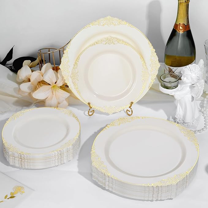 Bestluck 100 PCS Ivory and Gold Plastic Plates for 50 Guests, Gold Disposable Plates Include 50 PCS Dinner Plates, 50 PCS Dessert Plates for Party, Wedding and Graduation (100, Ivory White)