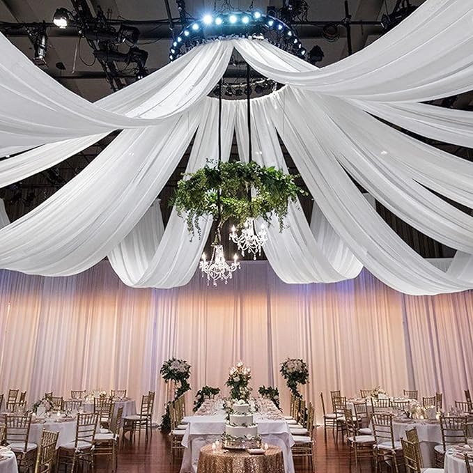 FOTSHARER White Wedding Ceiling Drapery 2 Panels 5ftx20ft Chiffon Fabric Drapes Wedding Arches for Ceremony Chififon Sheer Curtains Canopy Ceiling Curtains Drape for Bridal Shower Prom Arbor Drapery