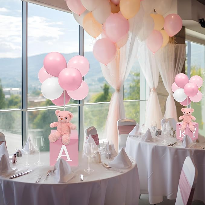 Lenwen 3 Sets Jungle Animal Decoration for Baby Shower Letter Boxes Baby Shower Table Centerpiece Stuffed Animals Balloon with Stand Plush Boxes for Party(Pink,Bear)