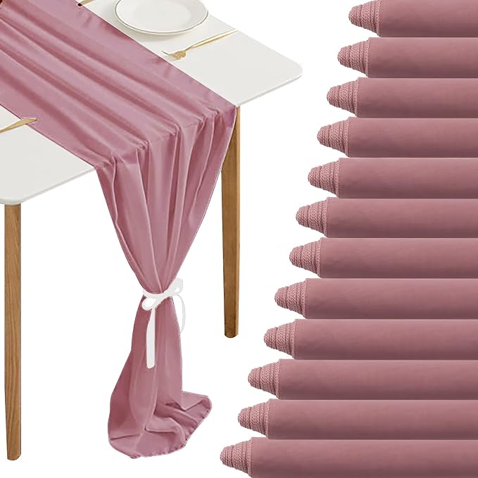12 Packs Dusty Rose 10Ft Chiffon Table Runner 27 x 120 Inches Sheer Chiffon Table Runner Romantic Boho Rustic Wedding Table Runner for Wedding Birthday Party Decor Bridal Baby Shower Table Decoration